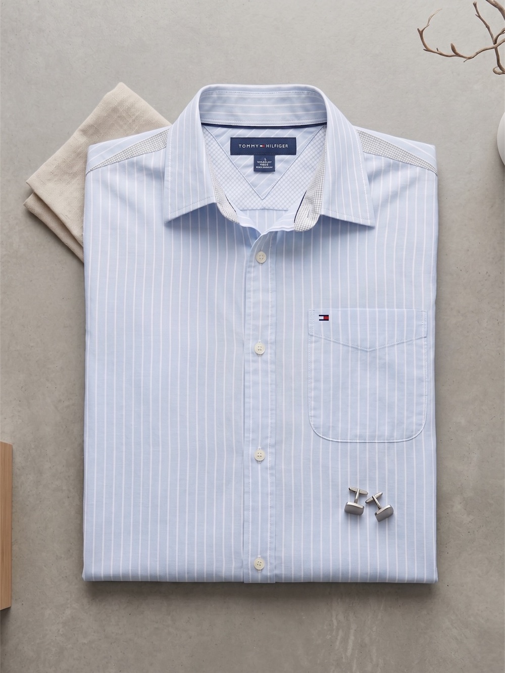 Tommy Hilfiger Mens Custom Fit Striped Dress Shirt Light Blue L Cotton Blend